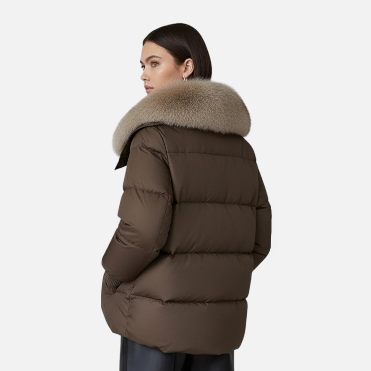 Puffer Jacket Womens Oversized Faux Fur Collar Drawstring Waist
