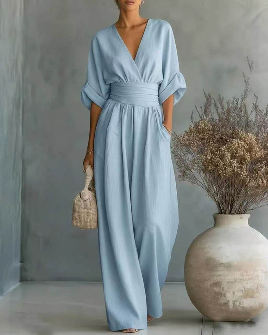Fall V Neck High Waist Wide Leg Jumpsuit for Women in Light Blue