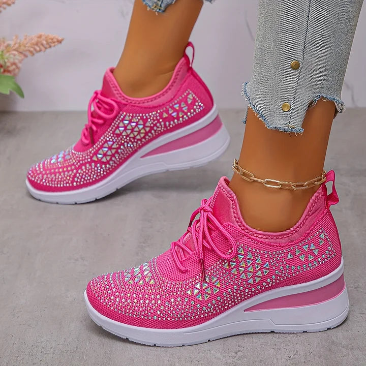 Fall Rhinestone Wedge Orthopedic Style Sneakers for Women in Hot Pink