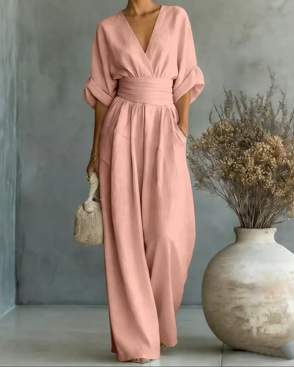 Fall V Neck High Waist Wide Leg Jumpsuit for Women in Pink