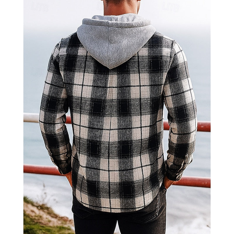 Flannel Shirt Jacket Mens Hooded Plaid Button Front Warm Overshirt