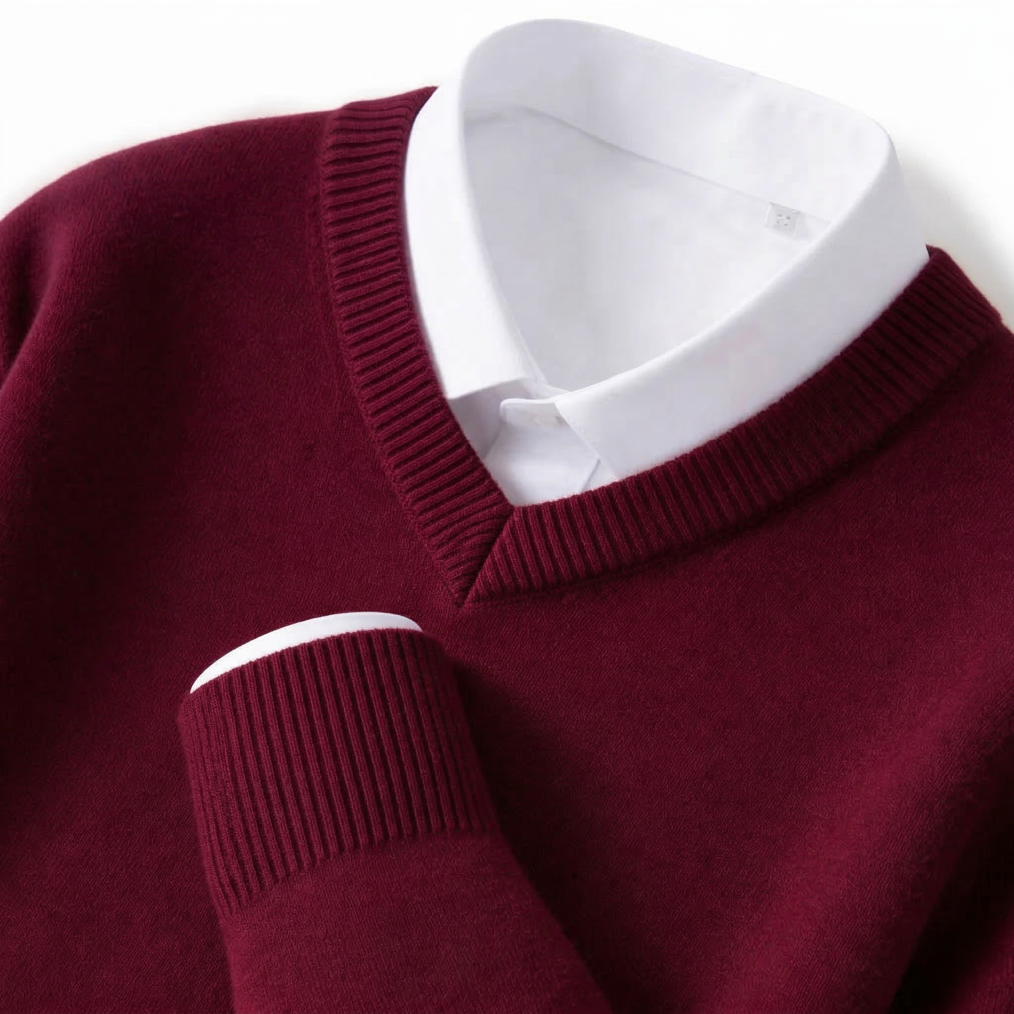 Midweight wool blend V-neck sweater in burgundy
