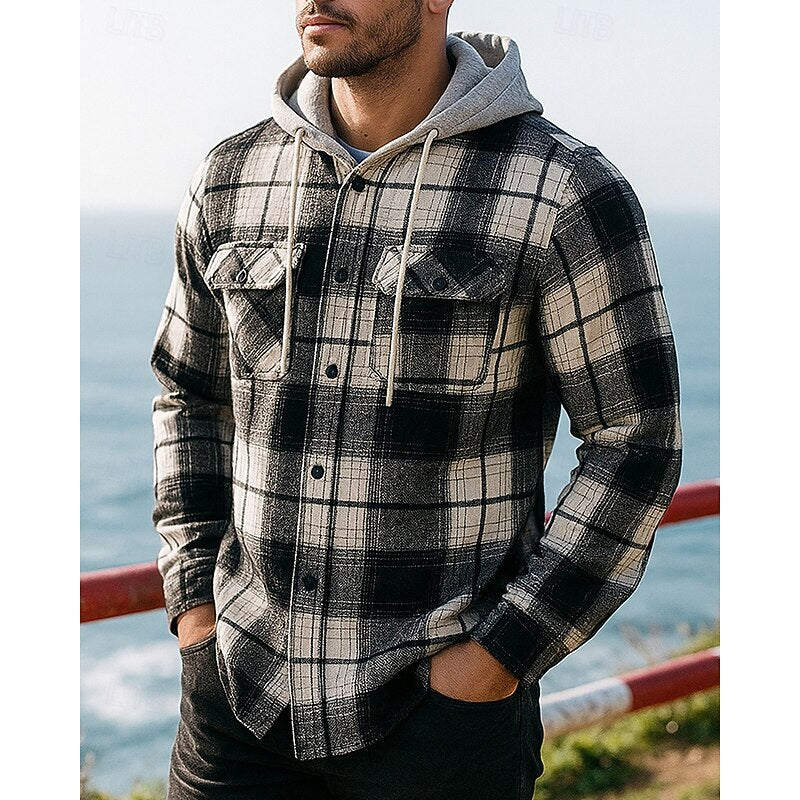Flannel Shirt Jacket Mens Hooded Plaid Button Front Warm Overshirt