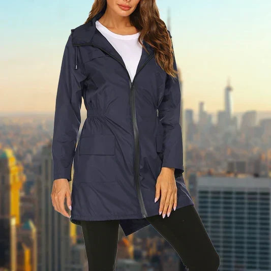 Rain Jacket Womens Hooded Lightweight Drawstring Waist Zip Front