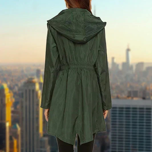 Rain Jacket Womens Hooded Lightweight Drawstring Waist Zip Front