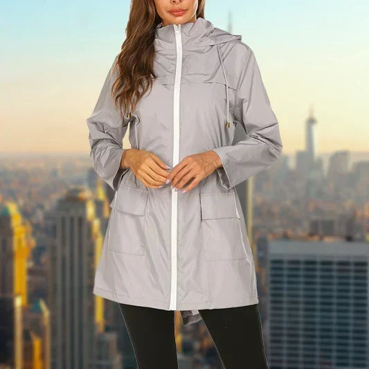 Rain Jacket Womens Hooded Lightweight Drawstring Waist Zip Front