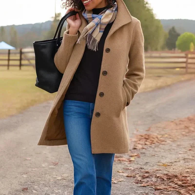 Wool Coat Womens Single Breasted Notch Lapel Mid Length Pockets