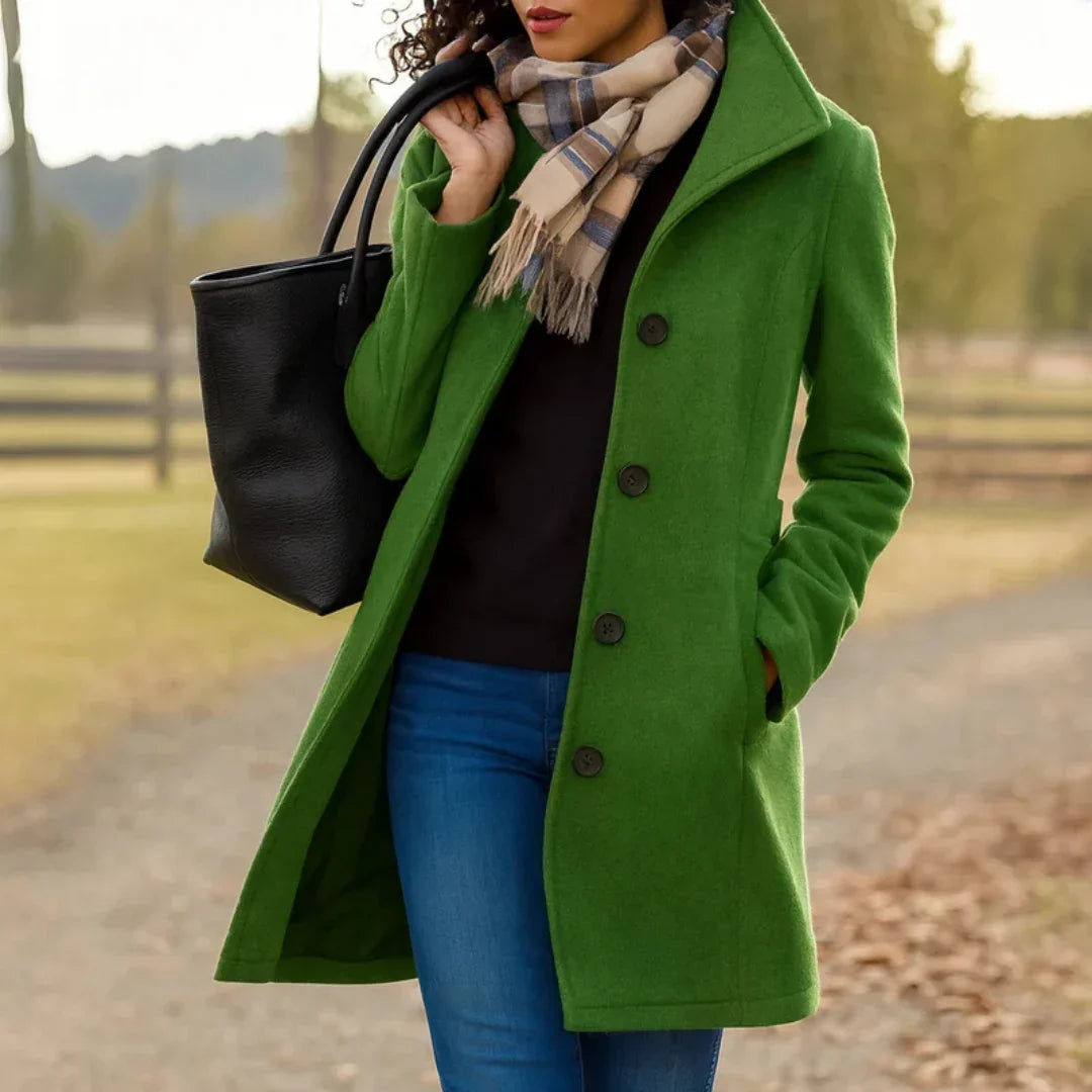 Wool Coat Womens Single Breasted Notch Lapel Mid Length Pockets