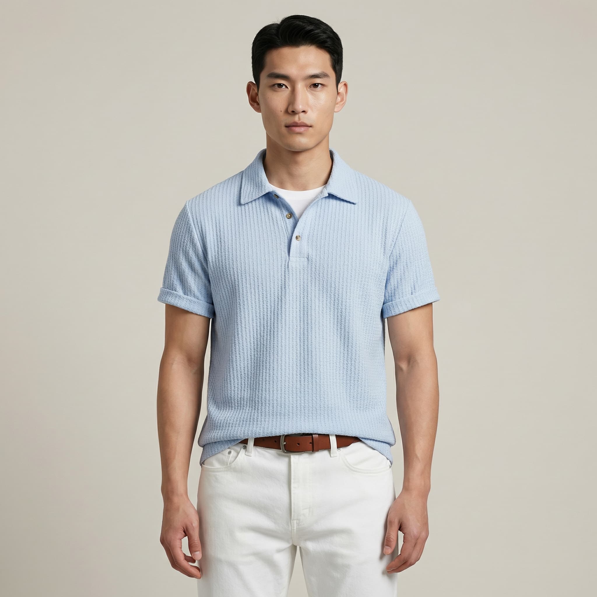 Rolled sleeve waffle knit relaxed polo, view 2