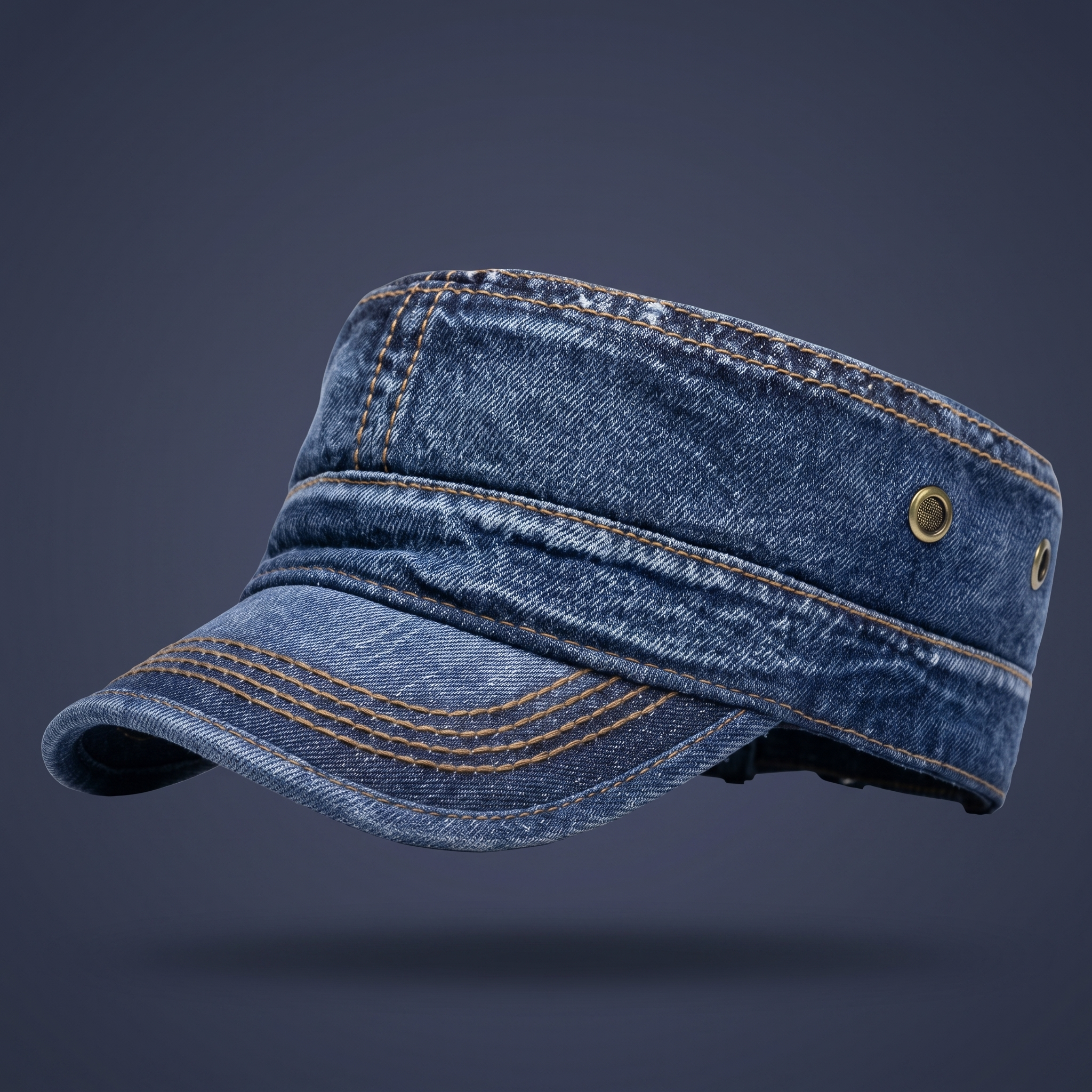 Washed cotton denim military style cap, view 12