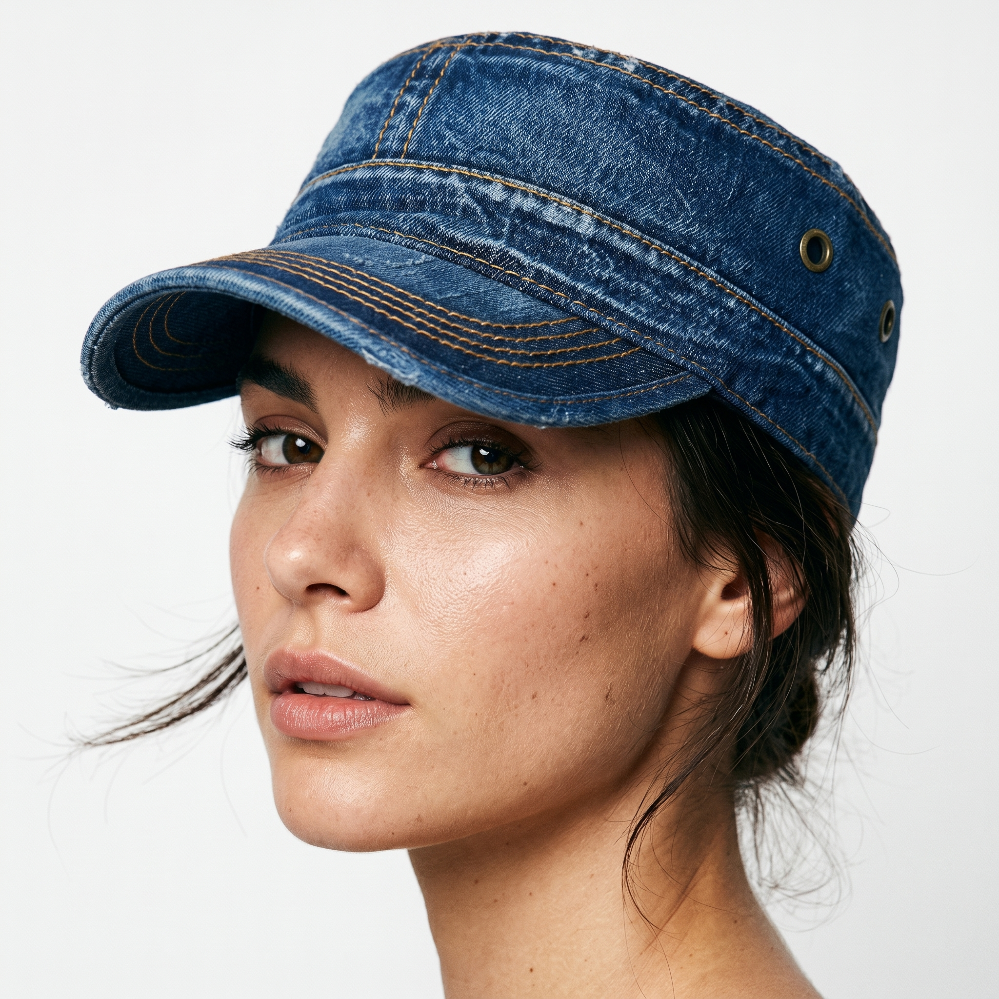 Washed cotton denim military style cap, view 5