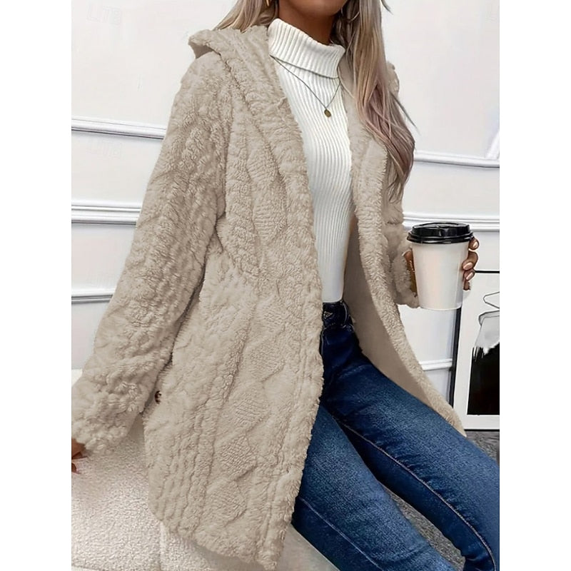 Fleece Jacket Womens Hooded Textured Relaxed Zip Front Soft Warm