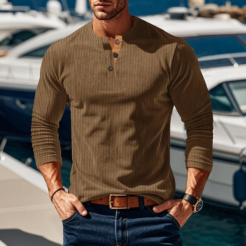 Henley Shirt Mens Ribbed Knit Long Sleeve Button Placket Fitted