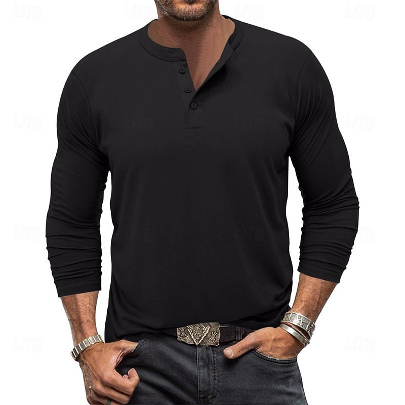 Henley Shirt Mens Long Sleeve Plain Placket Smooth Knit Everyday