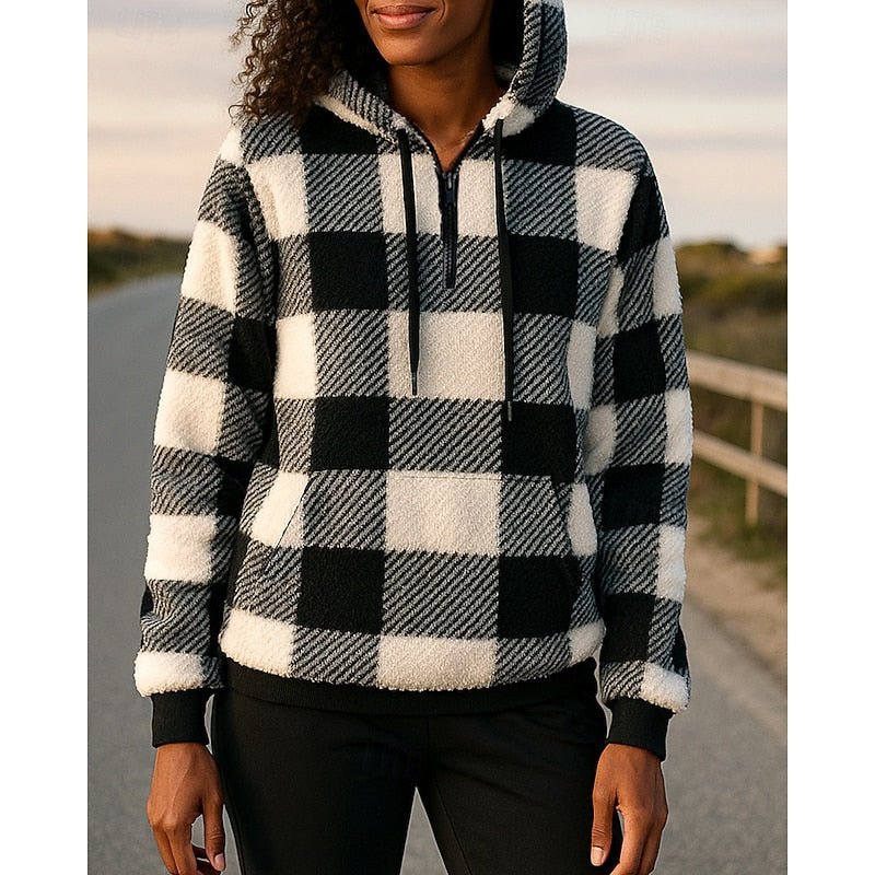 Hoodie Womens Quarter Zip Checkered Soft Fleece Pullover Plus Size