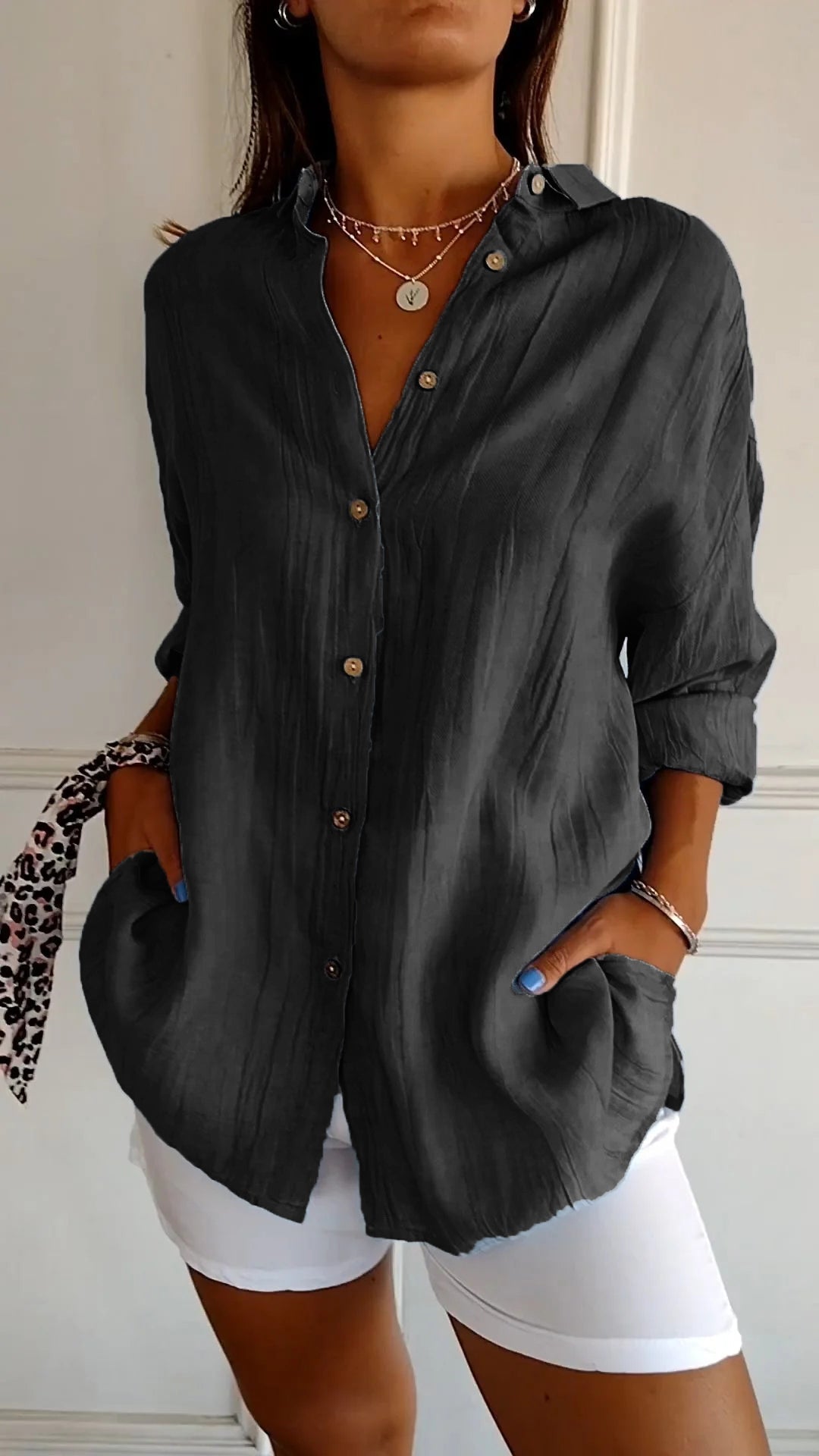 Fall Crinkle Texture Button Up Long Sleeve Shirt for Women in Black