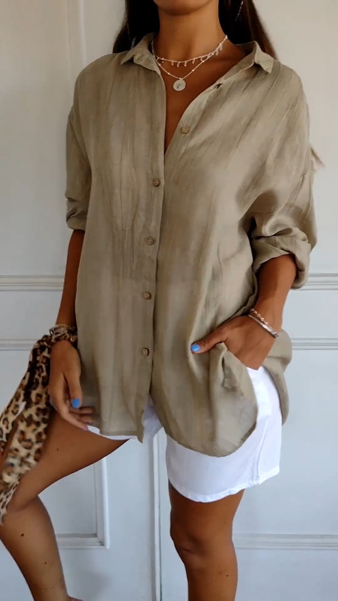 Fall Crinkle Texture Button Up Long Sleeve Shirt for Women in Khaki