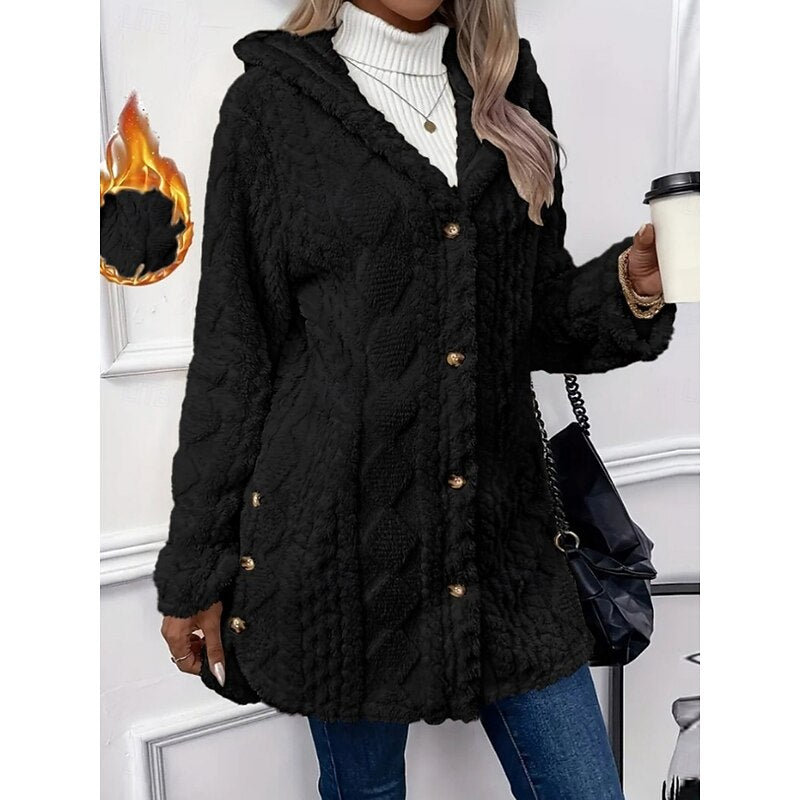 Fleece Jacket Womens Hooded Textured Relaxed Zip Front Soft Warm