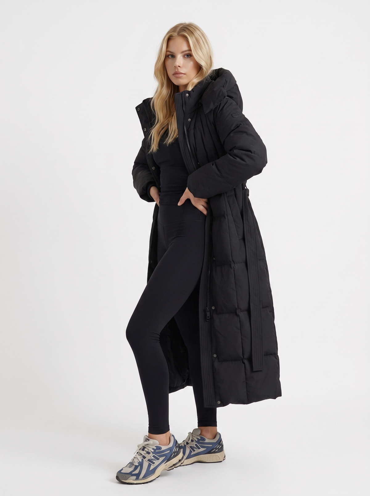 Puffer Coat Womens Long Hooded Vertical Quilted Belted