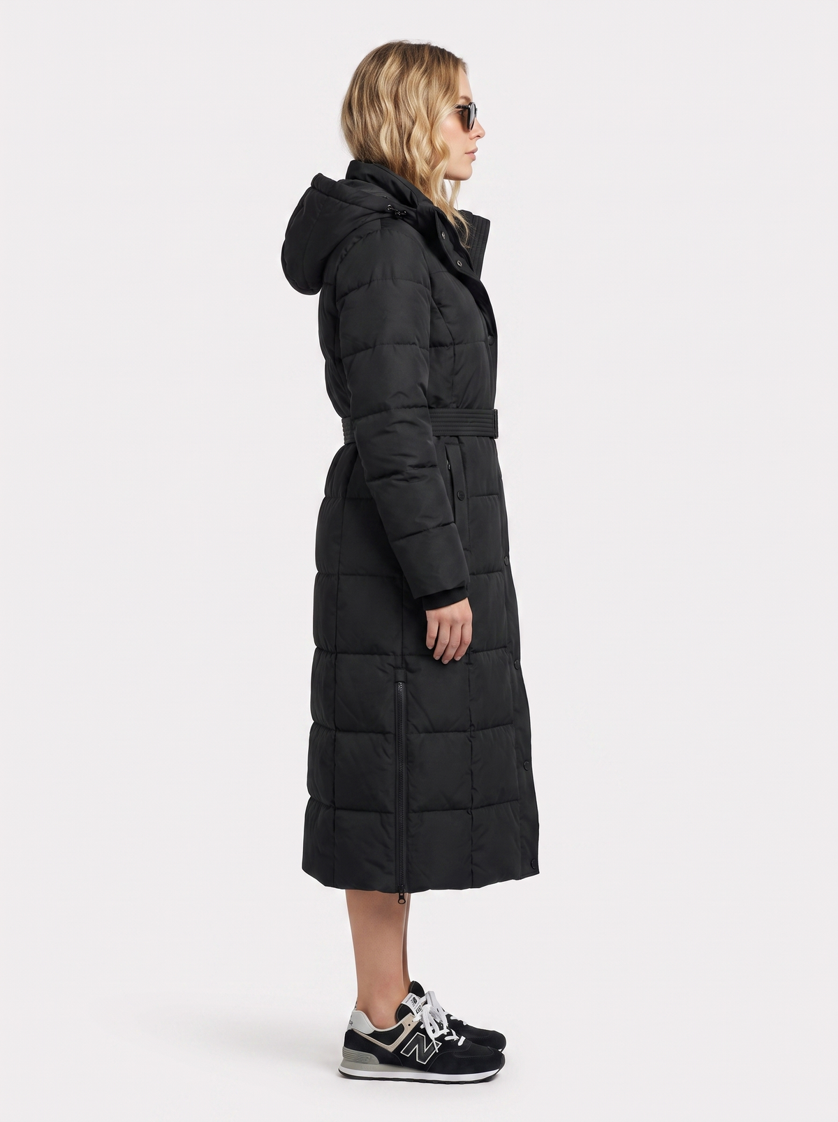 Puffer Coat Womens Long Hooded Vertical Quilted Belted