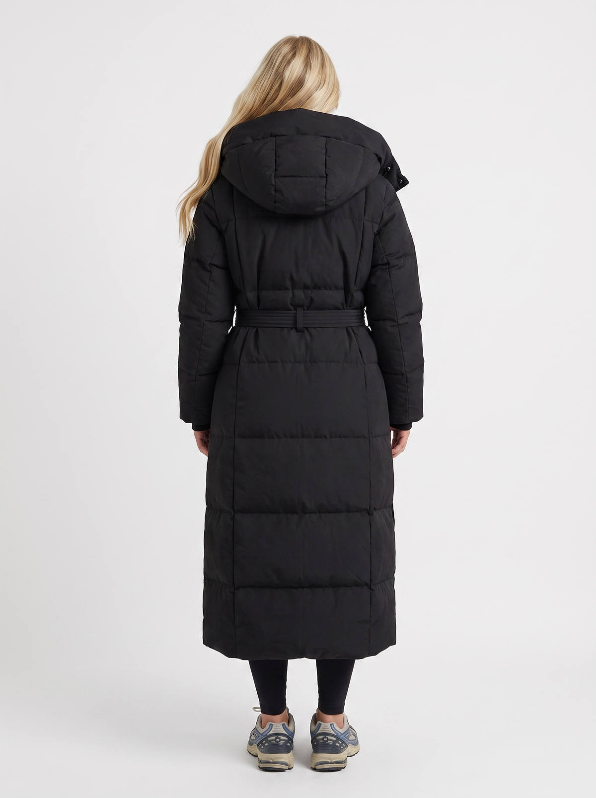 Puffer Coat Womens Long Hooded Vertical Quilted Belted