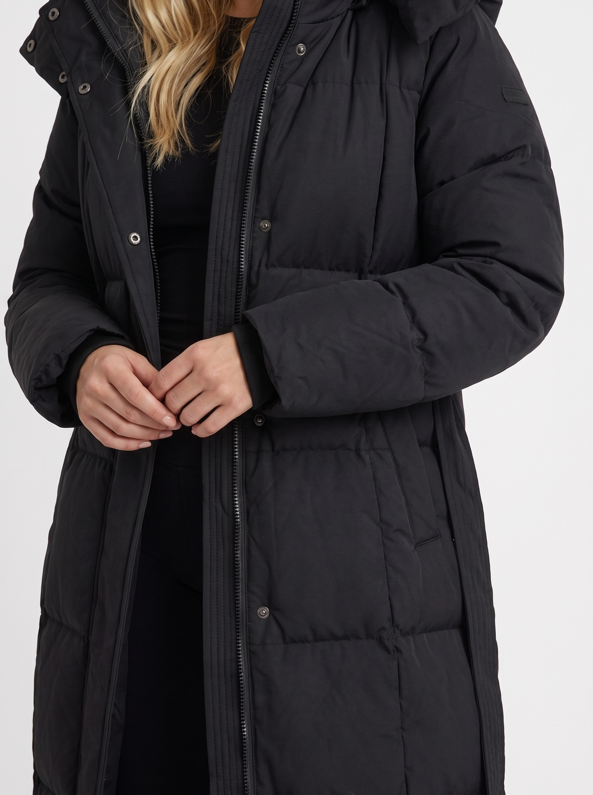 Puffer Coat Womens Long Hooded Vertical Quilted Belted