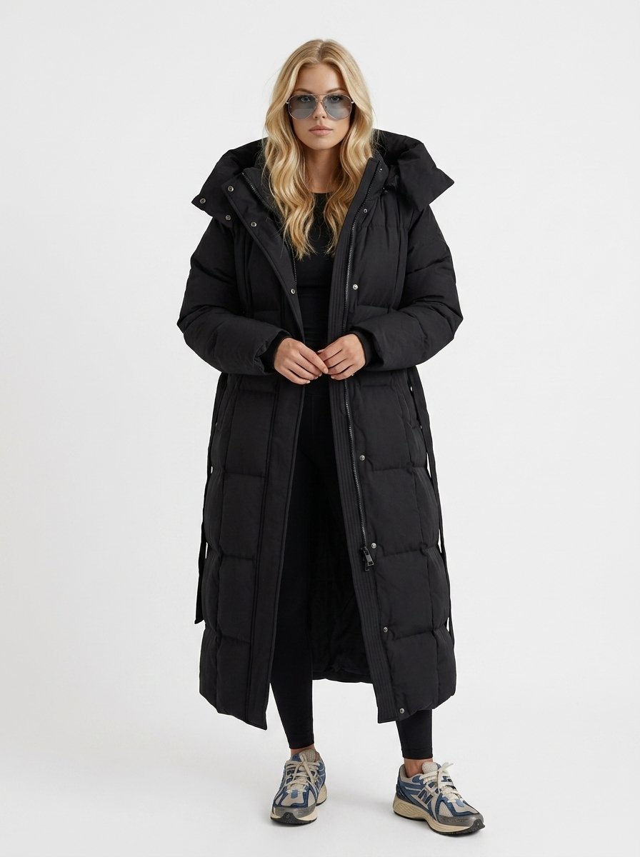 Puffer Coat Womens Long Hooded Vertical Quilted Belted