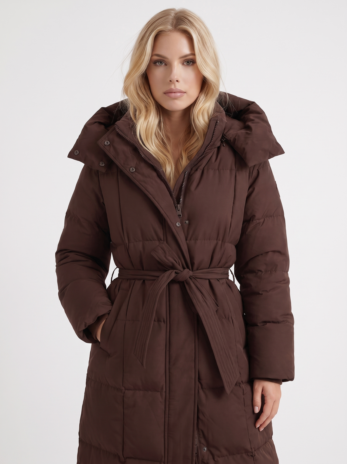 Puffer Coat Womens Long Hooded Vertical Quilted Belted