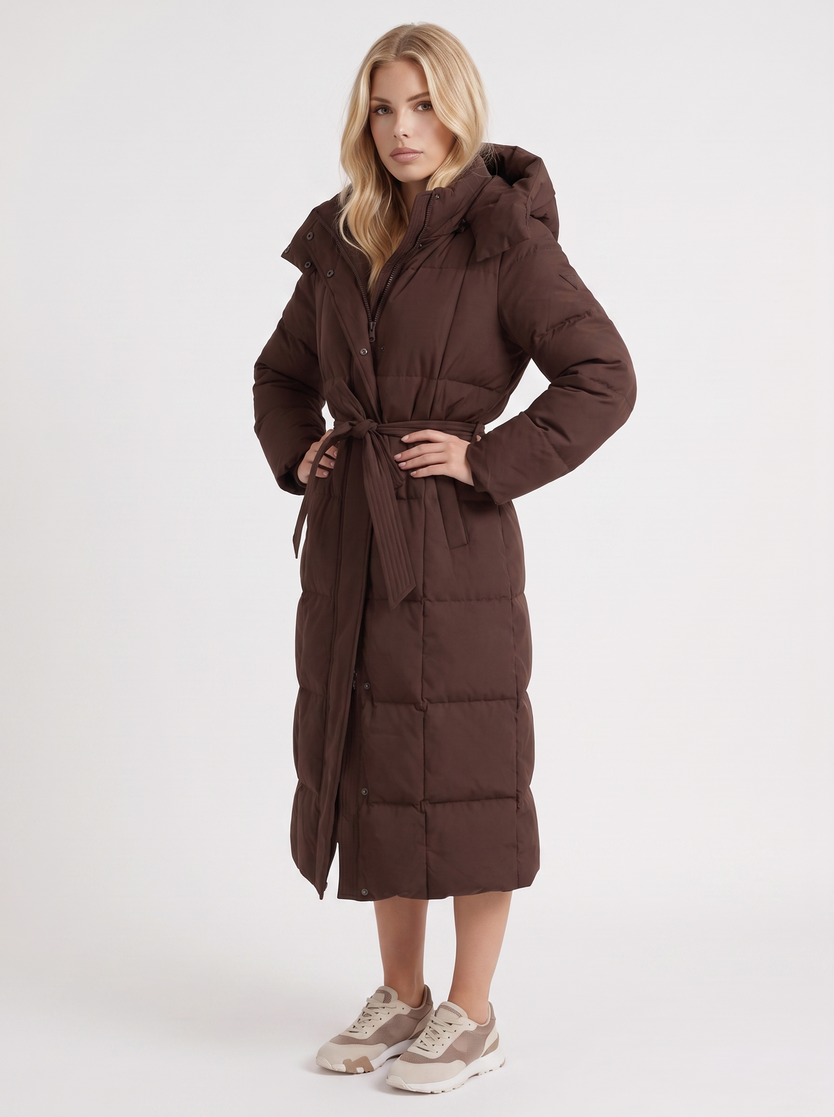 Puffer Coat Womens Long Hooded Vertical Quilted Belted