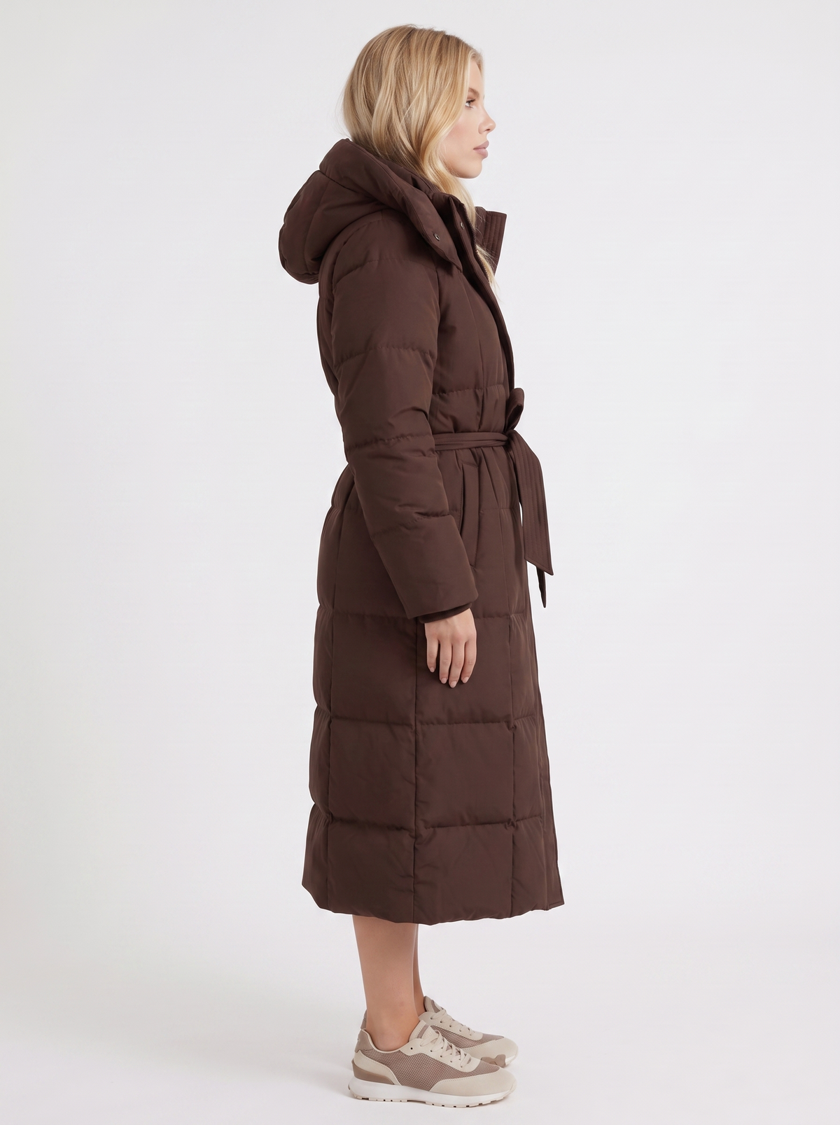 Puffer Coat Womens Long Hooded Vertical Quilted Belted