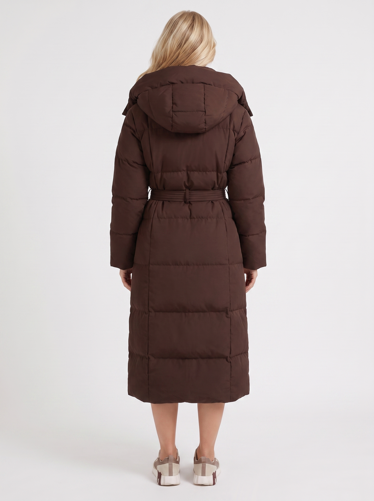 Puffer Coat Womens Long Hooded Vertical Quilted Belted