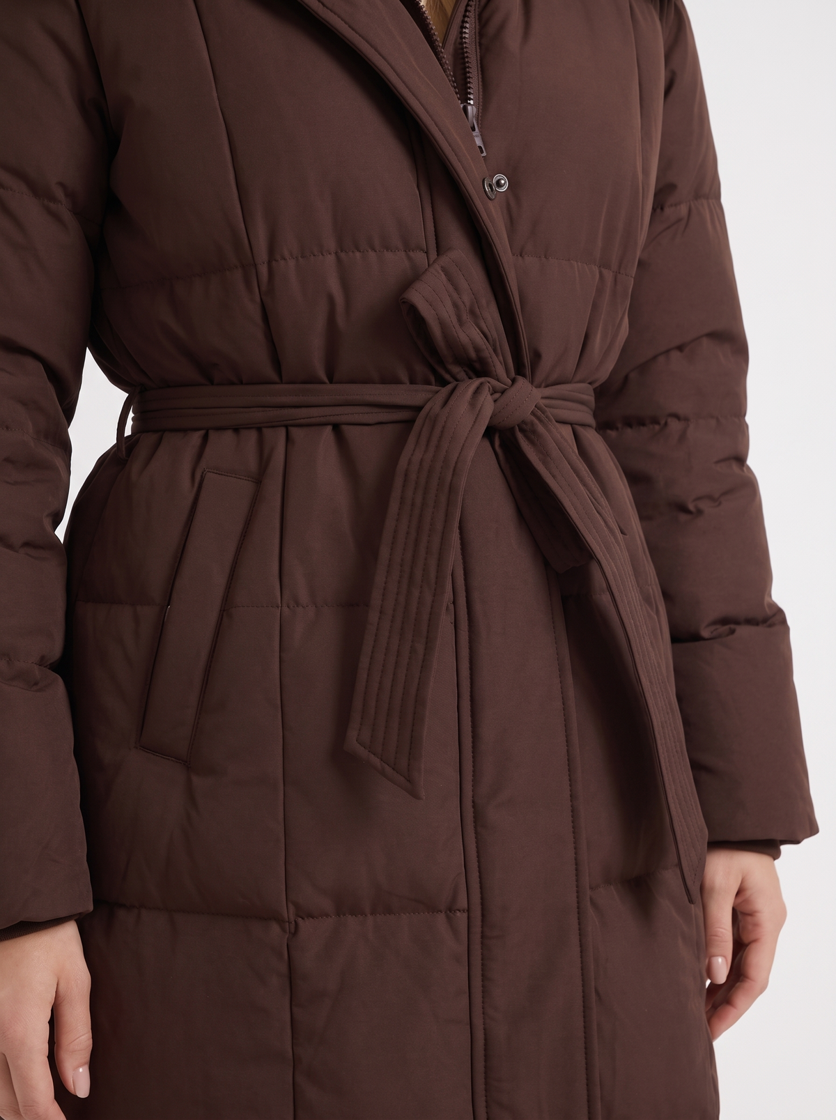 Puffer Coat Womens Long Hooded Vertical Quilted Belted