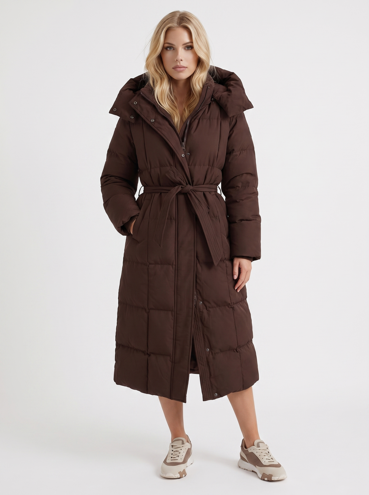 Puffer Coat Womens Long Hooded Vertical Quilted Belted