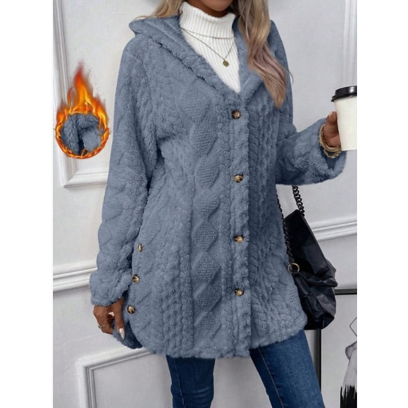 Fleece Jacket Womens Hooded Textured Relaxed Zip Front Soft Warm