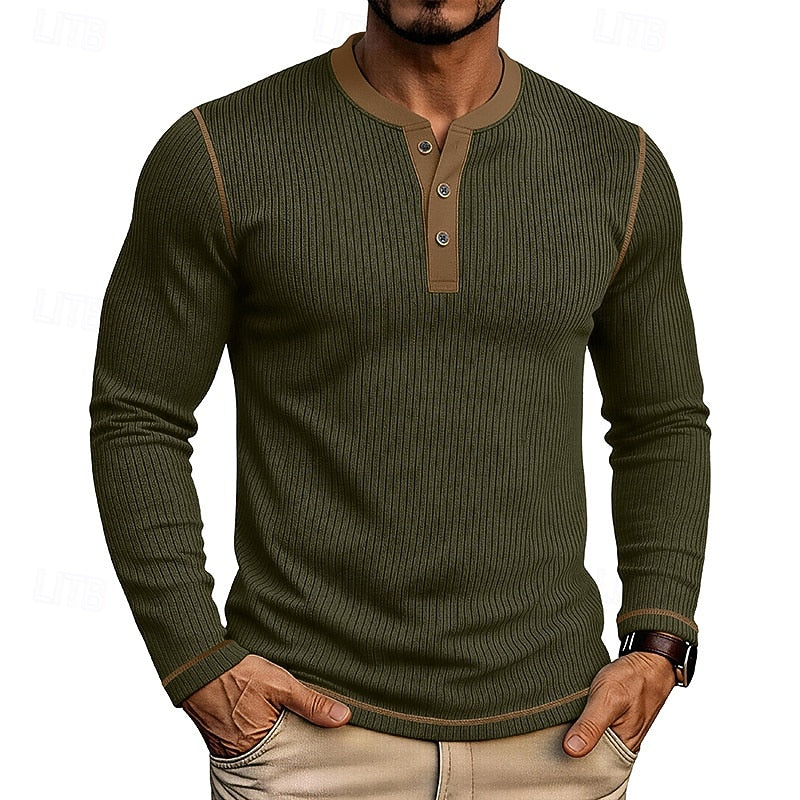 Henley Shirt Mens Ribbed Texture Long Sleeve Placket Soft Jersey