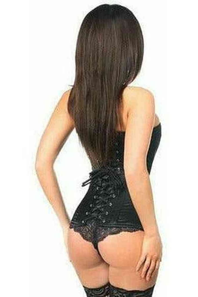 Halloween Black Satin Overbust Corset with Busk Closure for Women