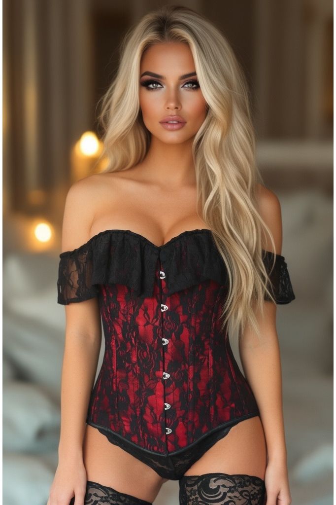 Halloween Red Lace Off the Shoulder Overbust Corset for Women