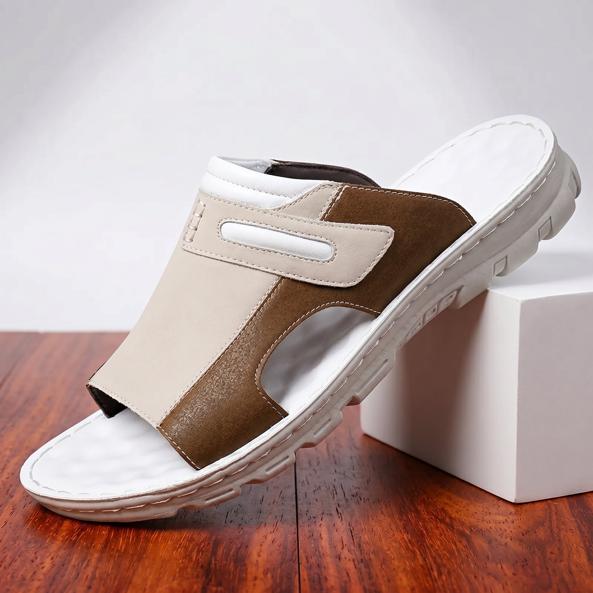 Cushioned wide vamp leather slide sandal in white