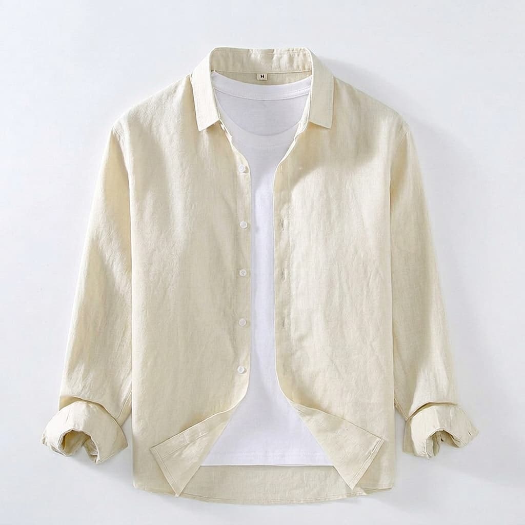 Spread collar linen long sleeve shirt in champagne