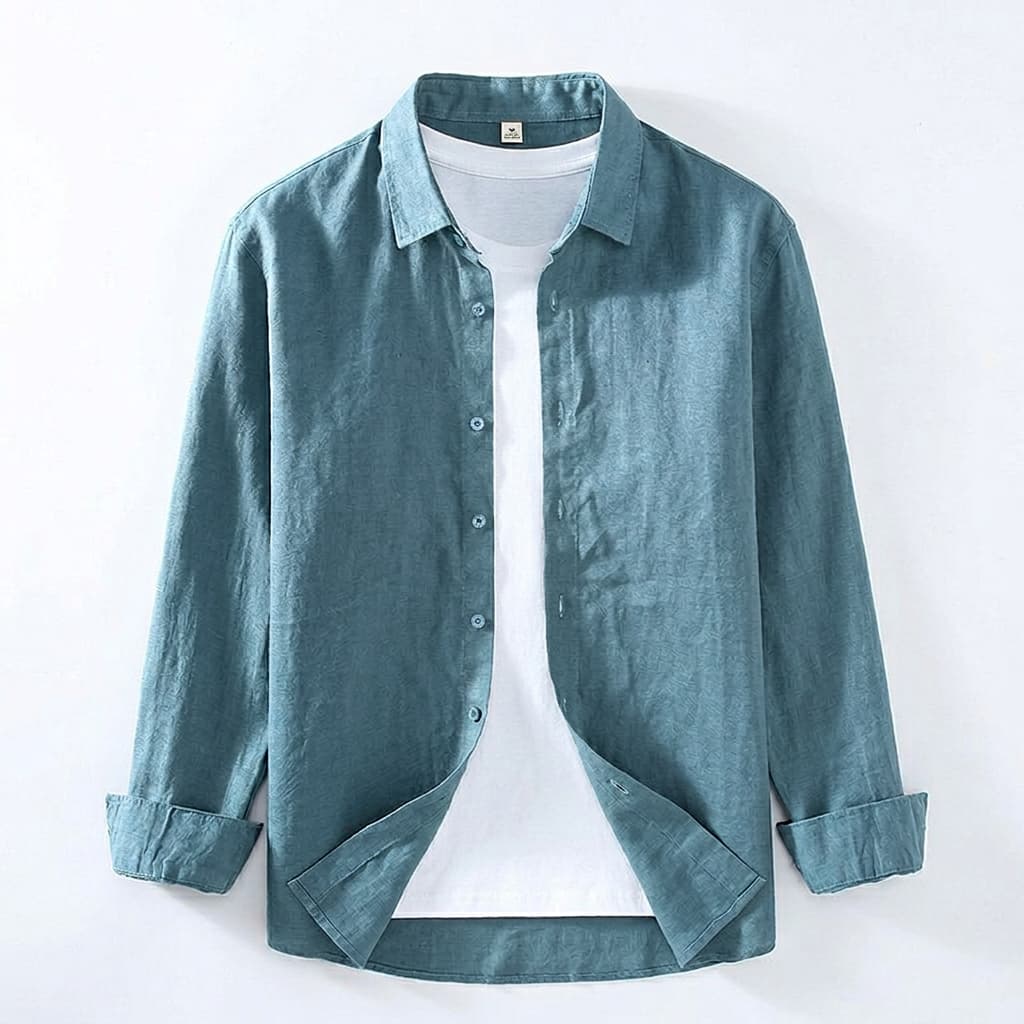 Spread collar linen long sleeve shirt in dusty teal