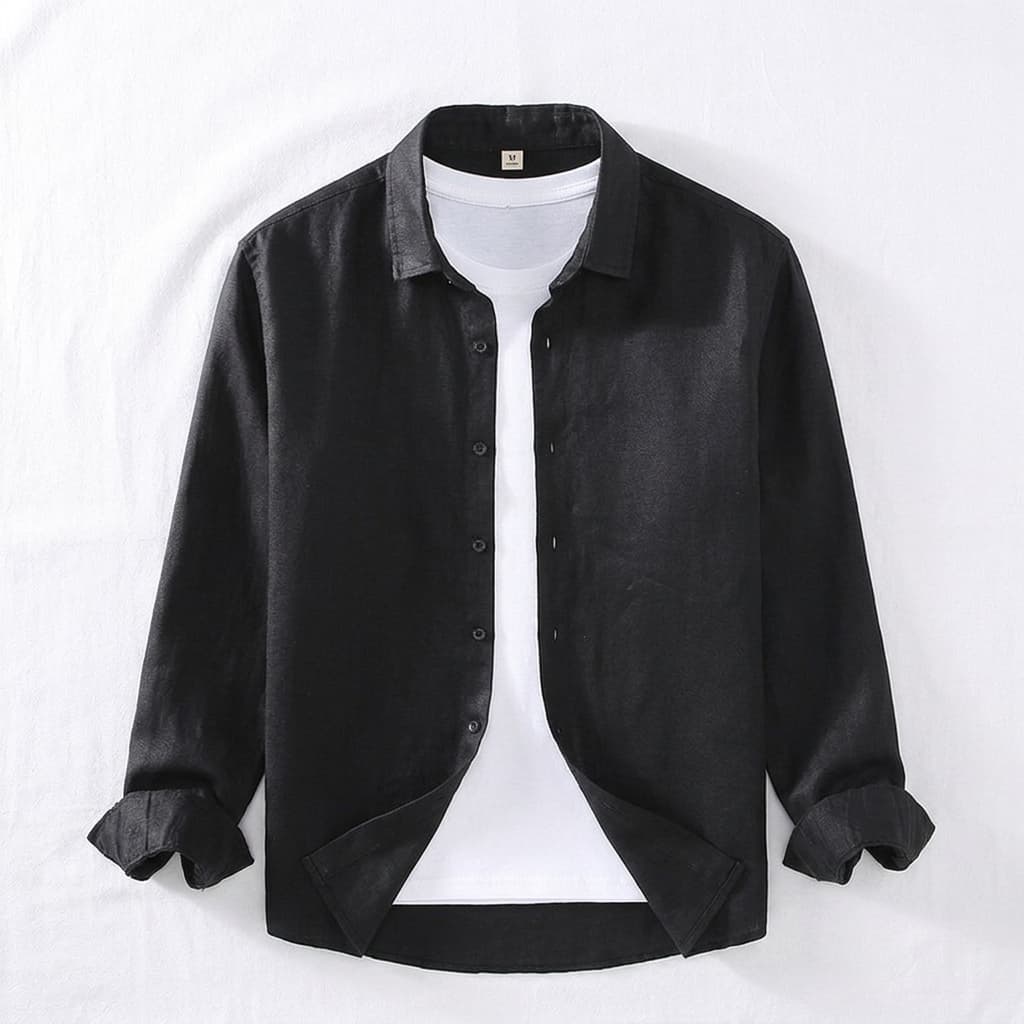 Spread collar linen long sleeve shirt in black