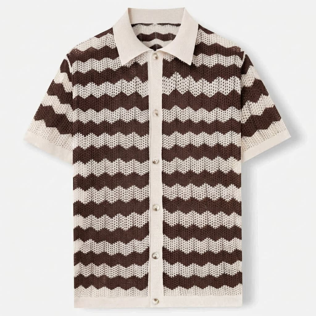 Seventies style ribbed trim crochet shirt in saddle brown