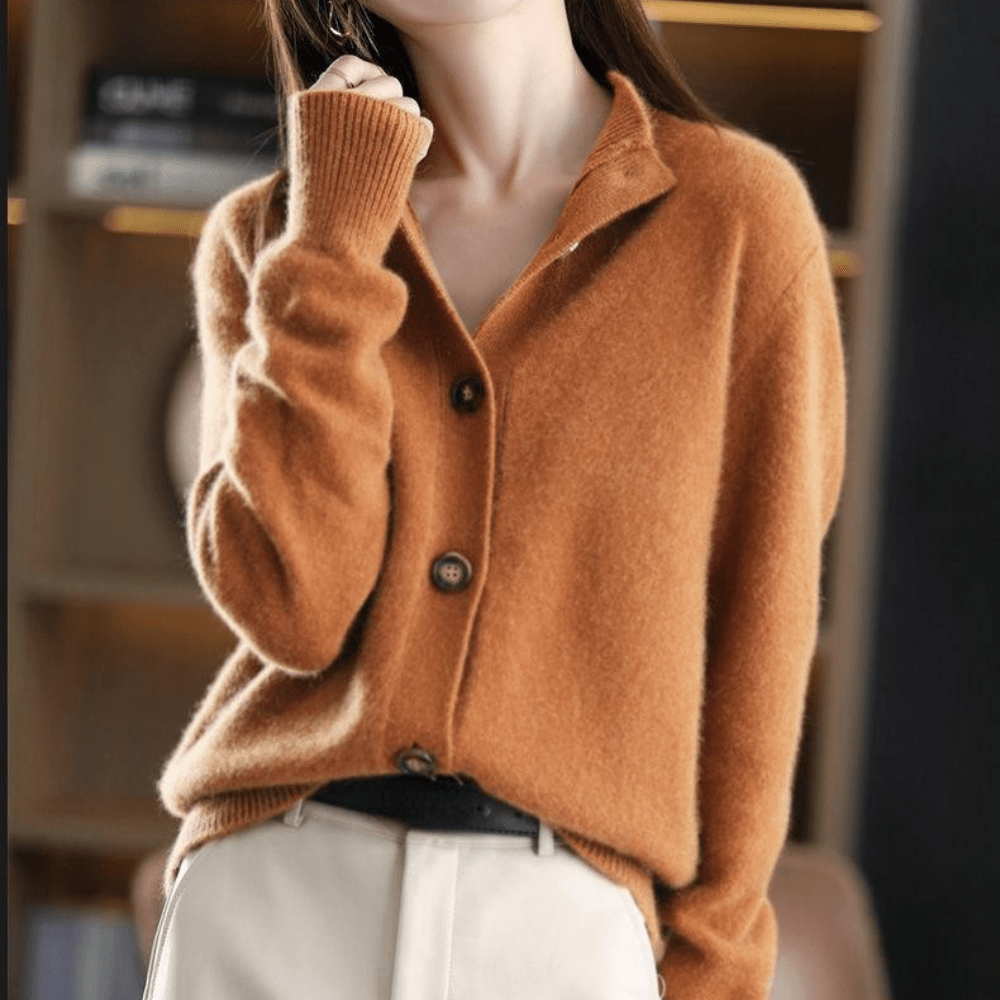 Fall Soft Knit Collared Button Front Cardigan for Women in Orange