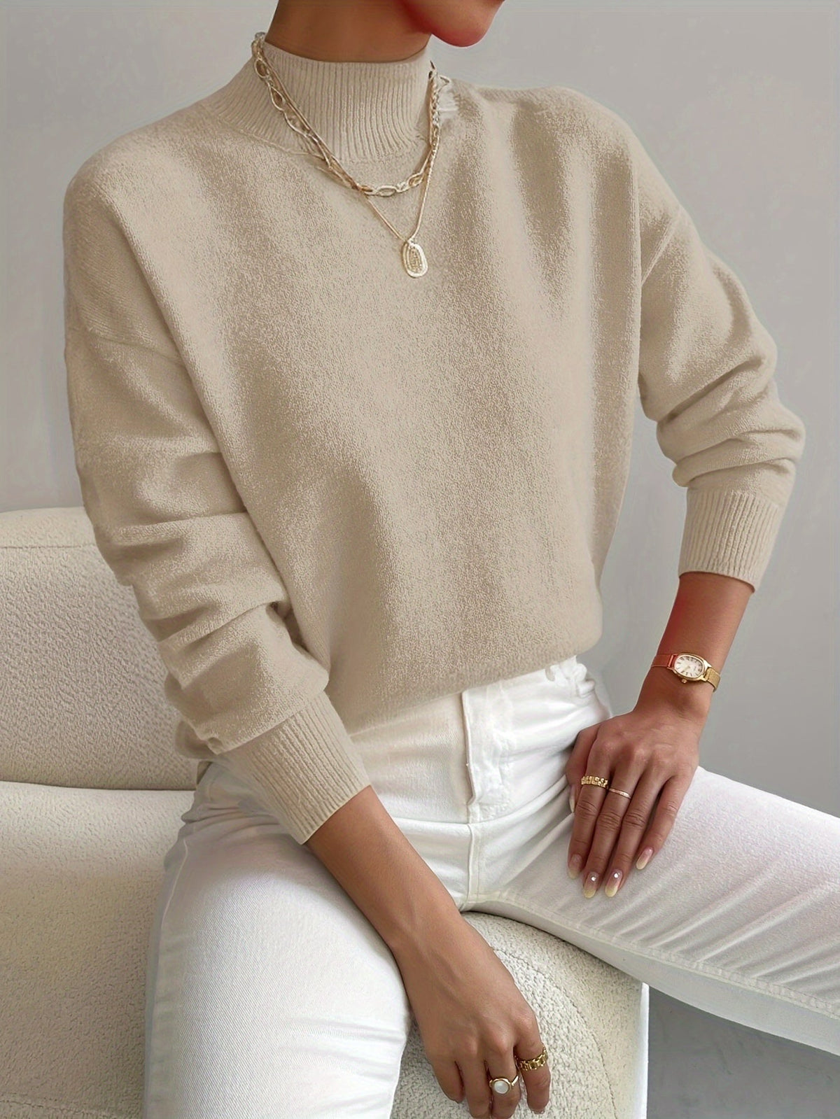 Fall Soft Brushed Knit Mock Neck Sweater for Women in Beige