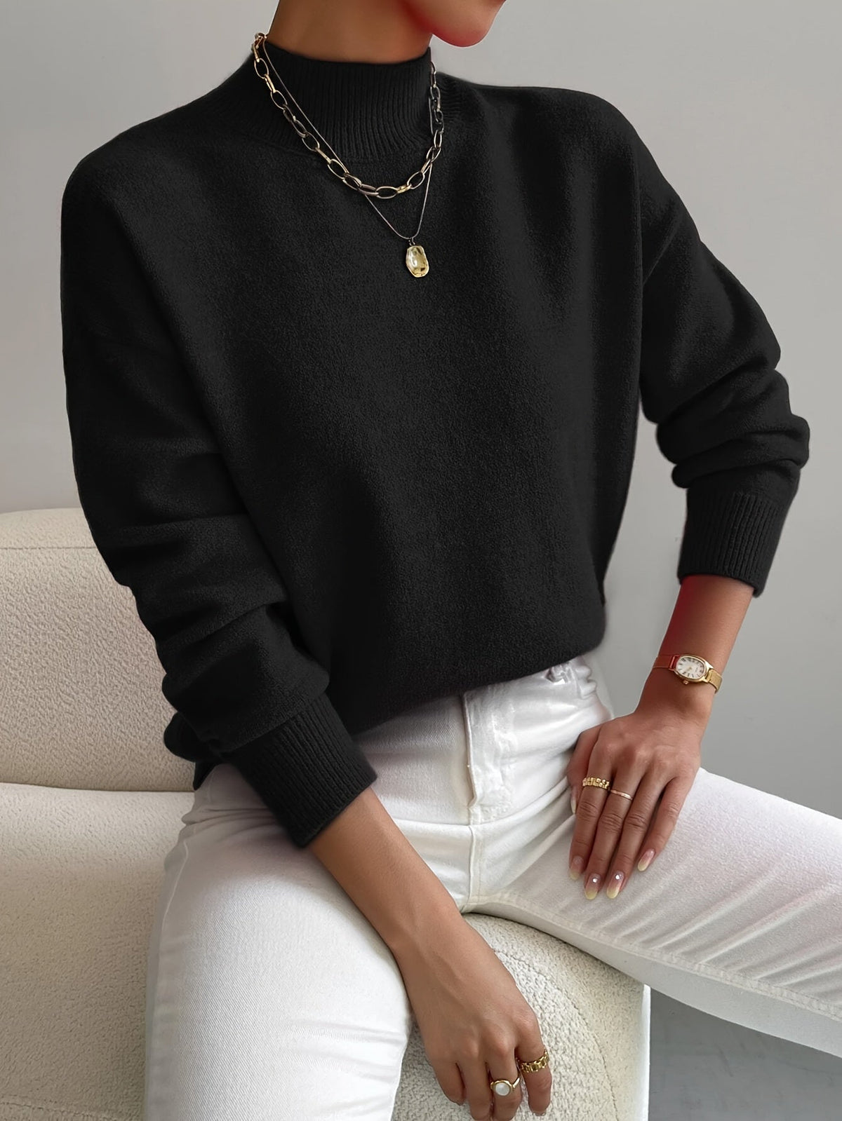 Fall Soft Brushed Knit Mock Neck Sweater for Women in Black