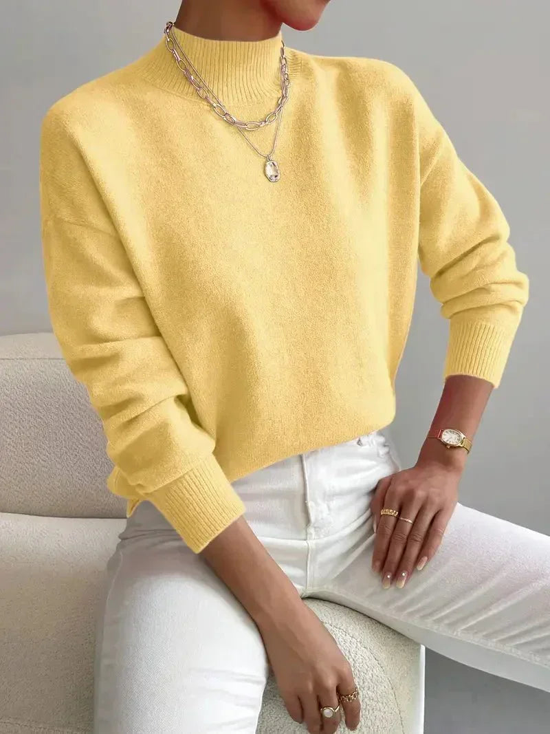 Fall Soft Brushed Knit Mock Neck Sweater for Women in Yellow