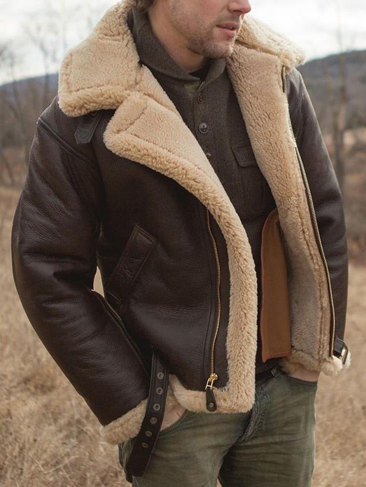 Shearling Jacket Mens Faux Trim Asymmetric Zip Coated Biker Collar
