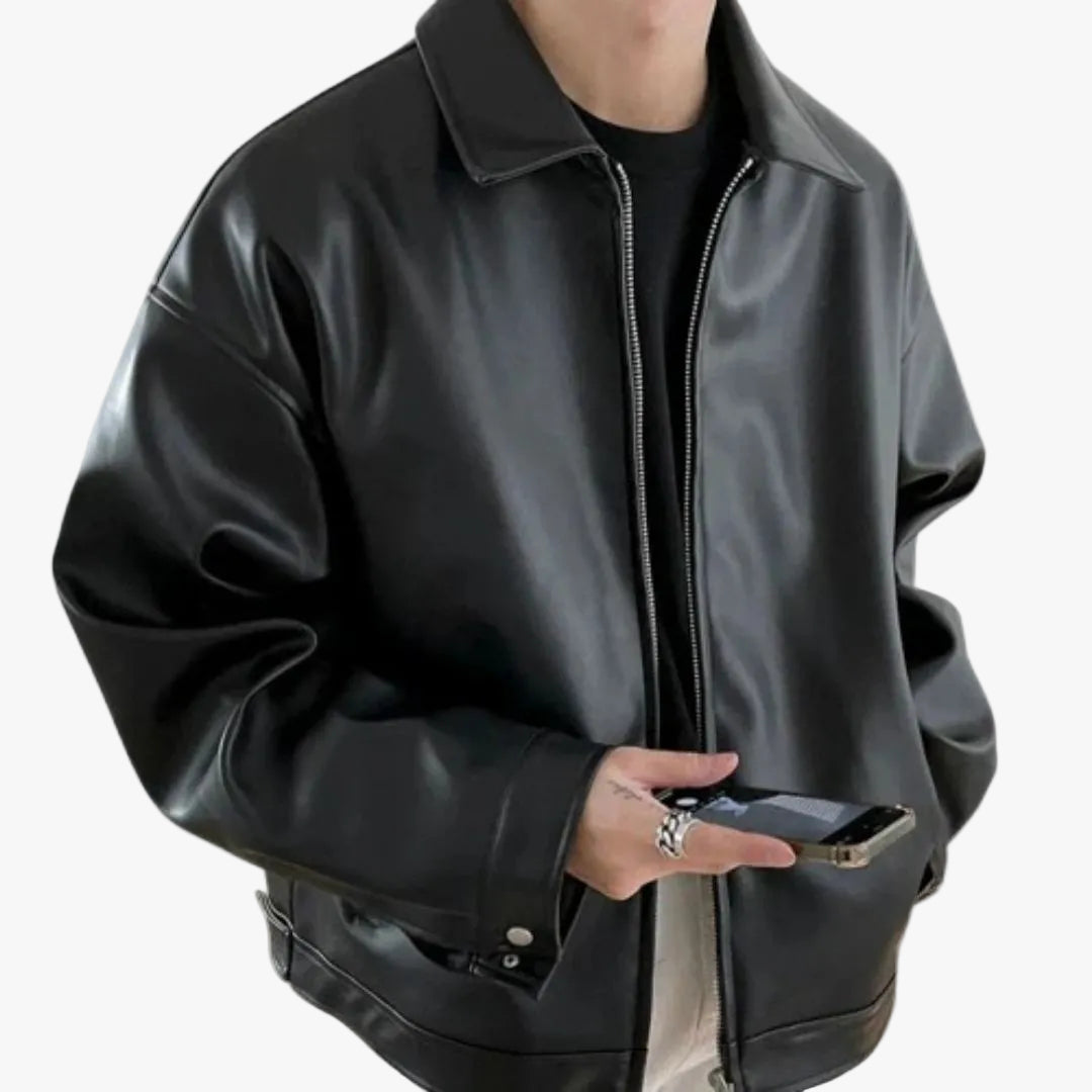 Bomber Jacket Mens Faux Leather Spread Collar Zip Front Dropped Shoulder
