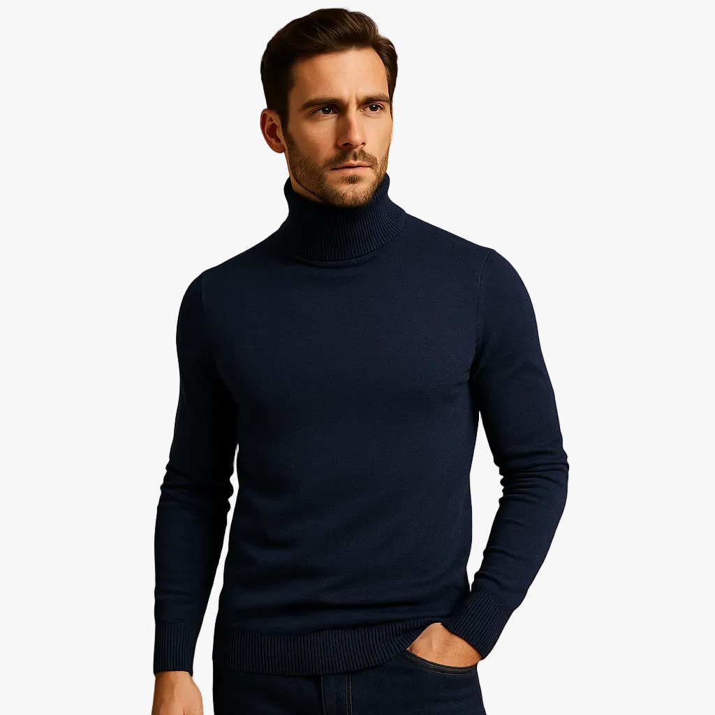 Turtleneck Sweater Mens Roll Neck Fine Knit Ribbed Collar Smart