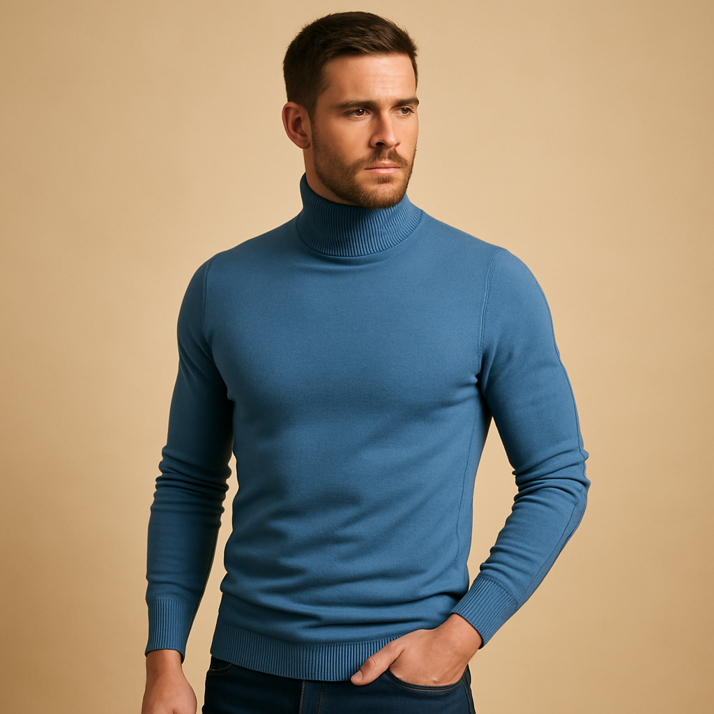 Turtleneck Sweater Mens Roll Neck Fine Knit Ribbed Collar Smart